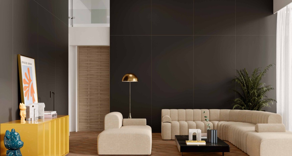 Perete placat cu lastre Solid Nero Soft 120x280, gama Elemental — Durstone